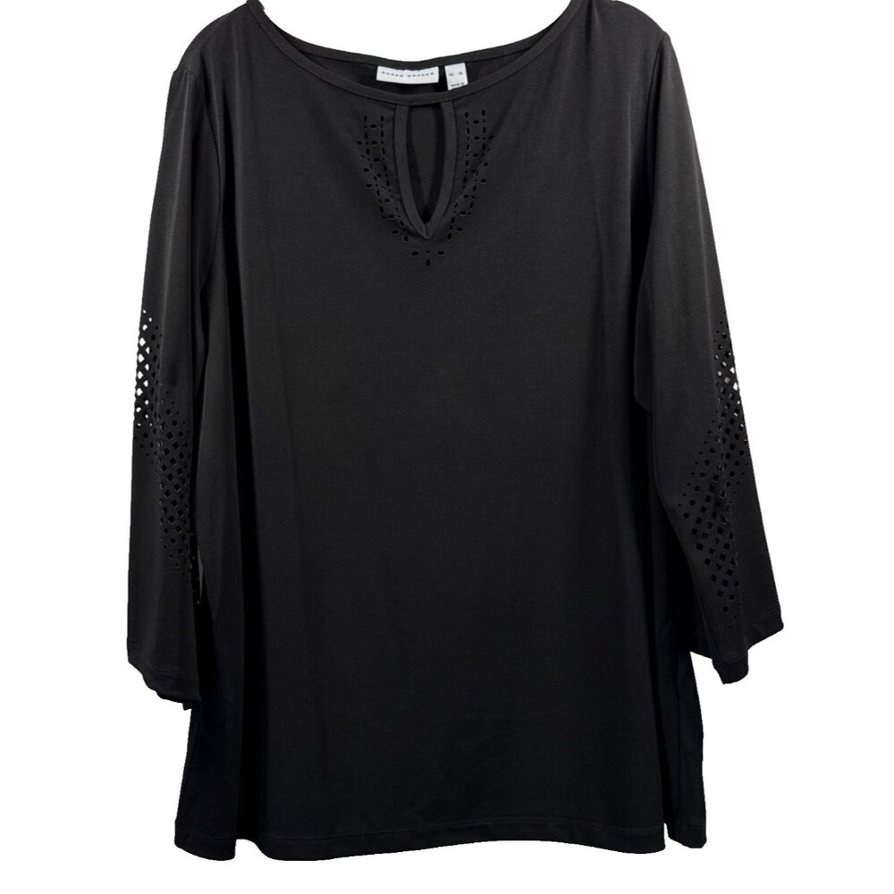 Susan Graver Women's Top Size‎ XL Solid Black Liquid Knit Vented 3/4 Sleeves